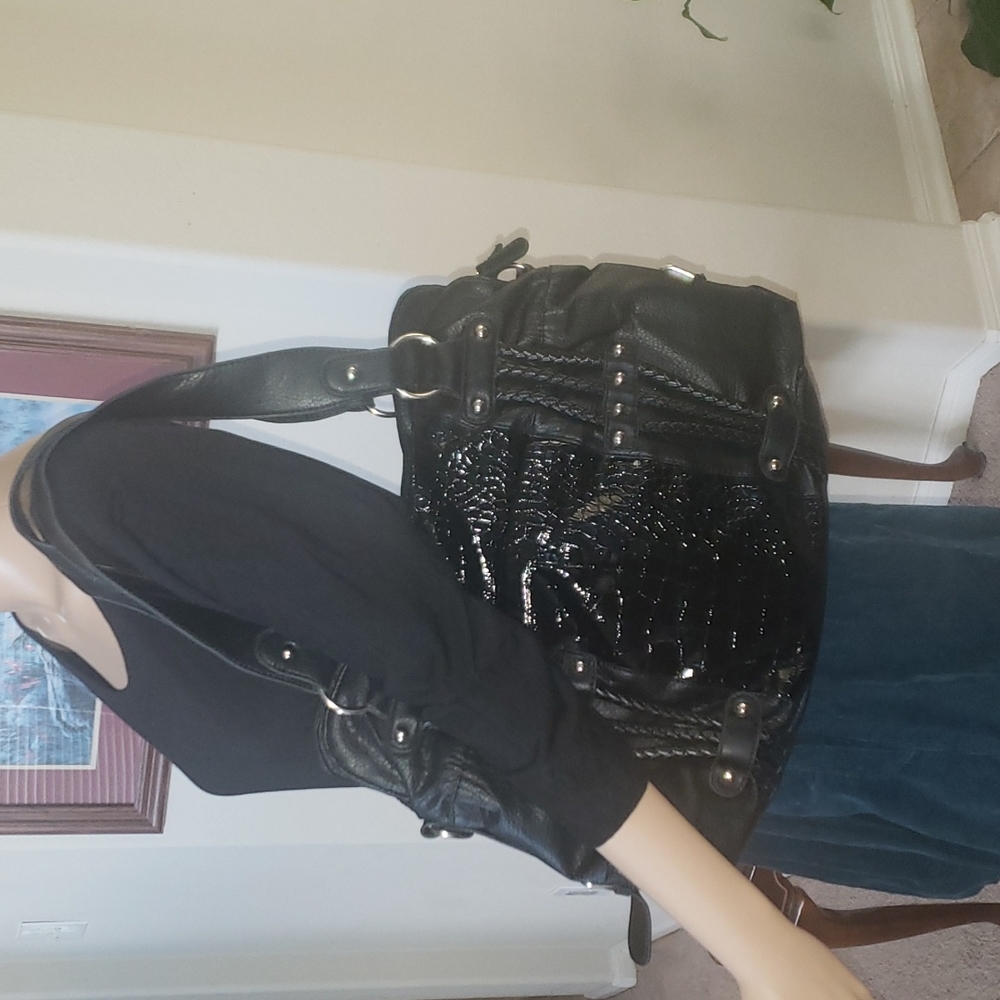 Oversized leather tote bag braids embossed buckle & metal details